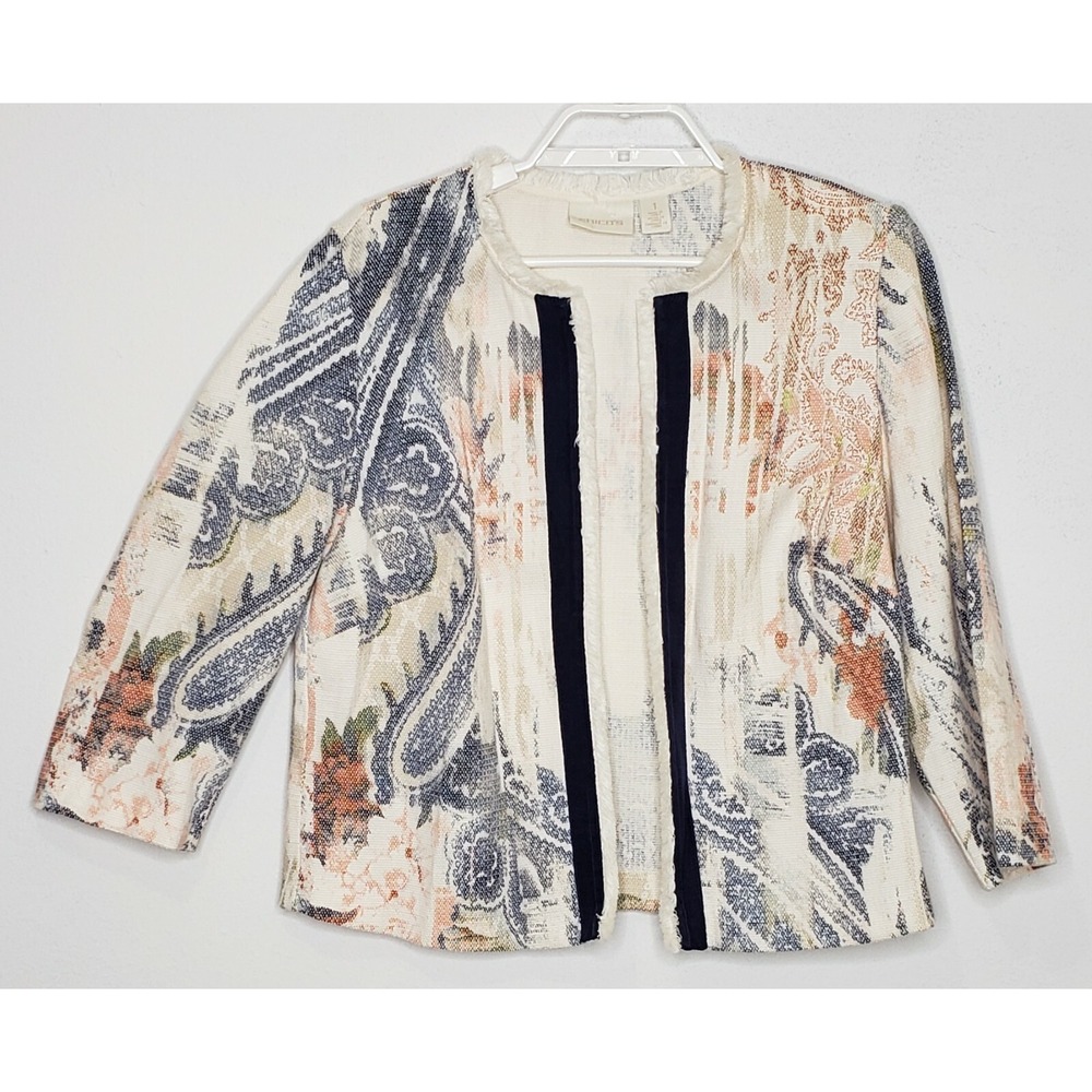 Chico's Blazer Cardigan Size 1 Paisley Print Open Front 3/4 Sleeve Fringeā Hem